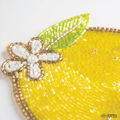 Karma, Lemon Beaded Drink Coasters Set of 4, Summer Round Beaded Coasters for Dinning Table and Coffee Table, Lemon