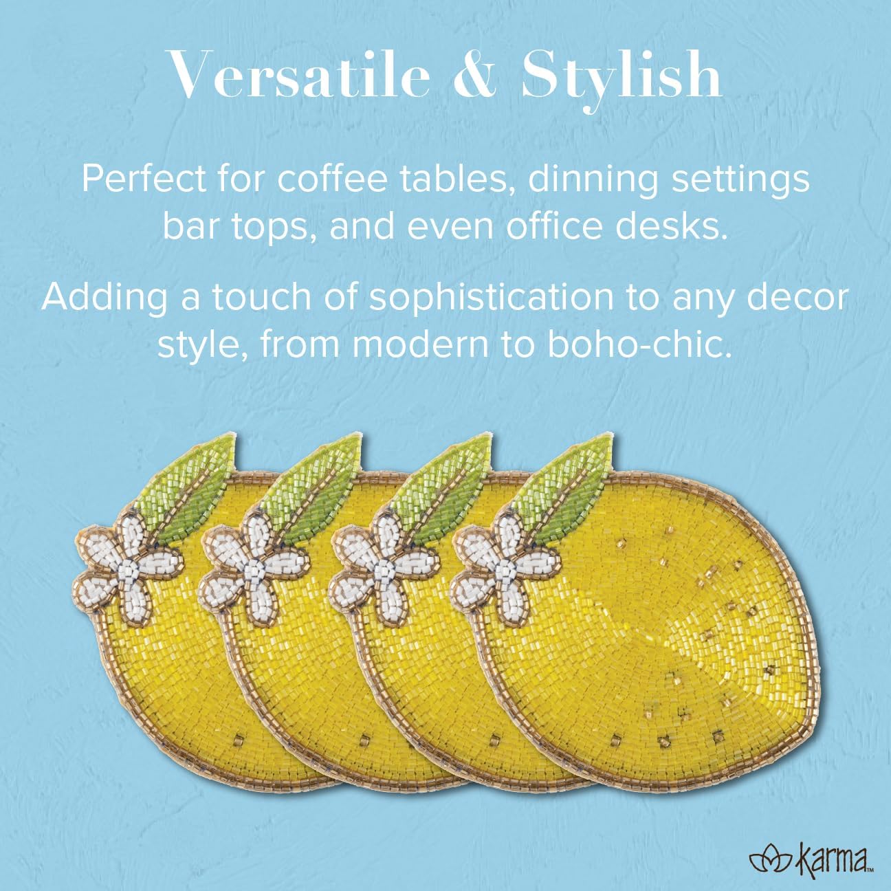Karma, Lemon Beaded Drink Coasters Set of 4, Summer Round Beaded Coasters for Dinning Table and Coffee Table, Lemon