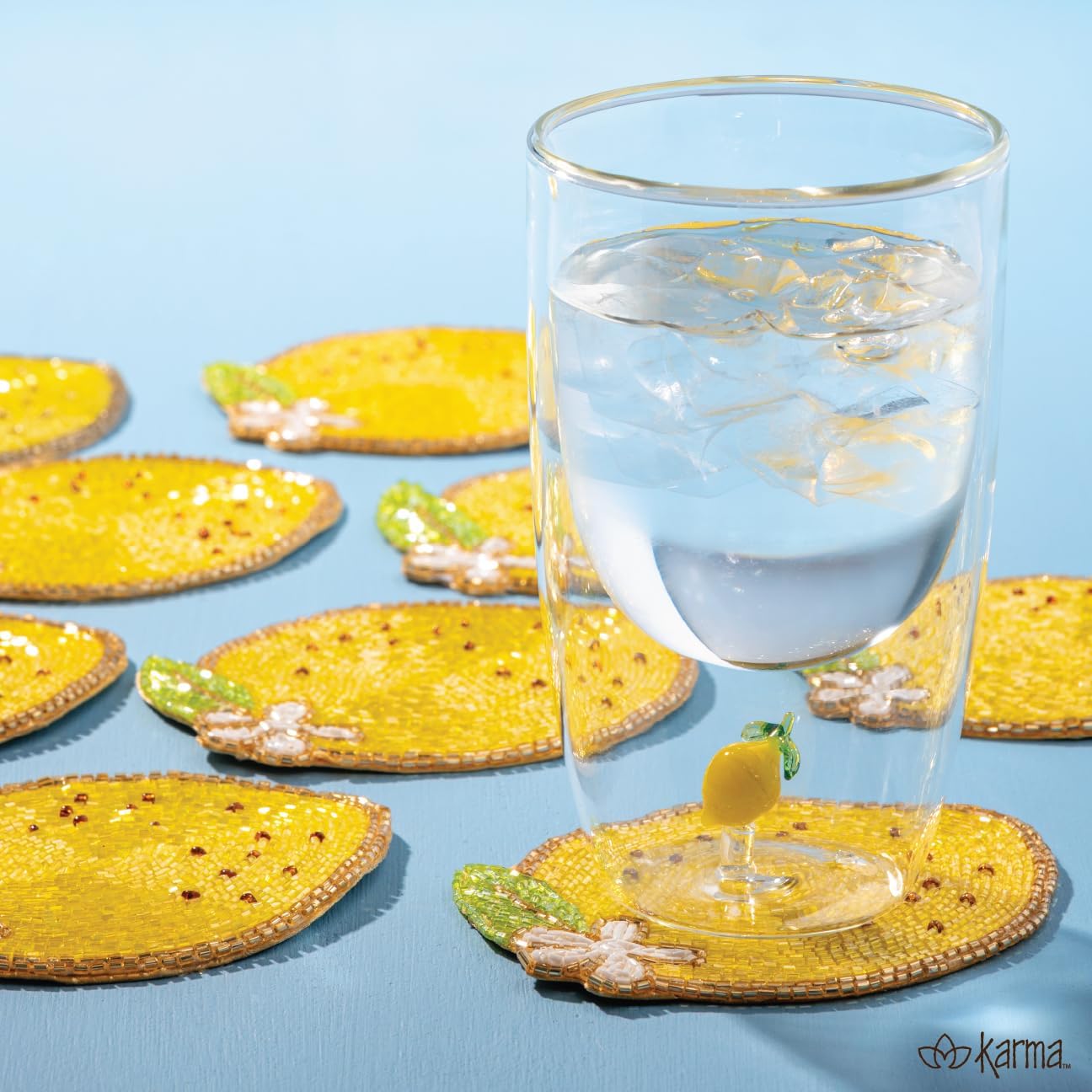 Karma, Lemon Beaded Drink Coasters Set of 4, Summer Round Beaded Coasters for Dinning Table and Coffee Table, Lemon