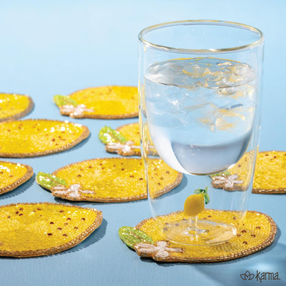 Karma, Lemon Beaded Drink Coasters Set of 4, Summer Round Beaded Coasters for Dinning Table and Coffee Table, Lemon