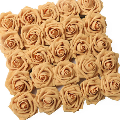 25pcs Artificial Flower，Real Touch Artificial Foam Roses Decoration DIY for Wedding Bridesmaid Bridal Bouquet Centerpieces Party-Gold Yellow