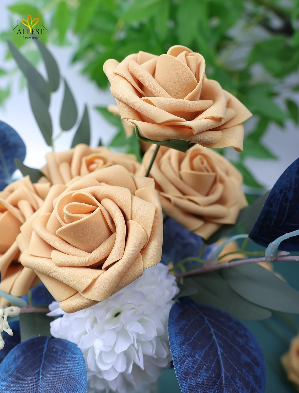 25pcs Artificial Flower，Real Touch Artificial Foam Roses Decoration DIY for Wedding Bridesmaid Bridal Bouquet Centerpieces Party-Gold Yellow