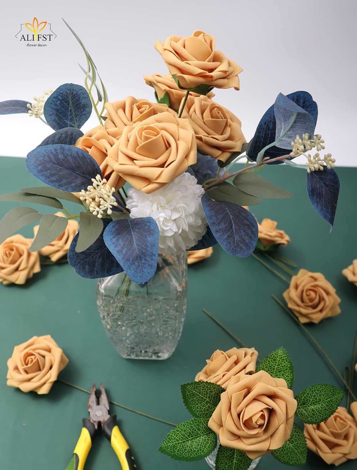 25pcs Artificial Flower，Real Touch Artificial Foam Roses Decoration DIY for Wedding Bridesmaid Bridal Bouquet Centerpieces Party-Gold Yellow