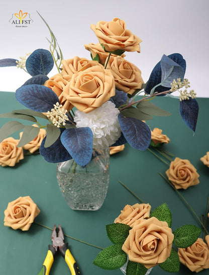 25pcs Artificial Flower，Real Touch Artificial Foam Roses Decoration DIY for Wedding Bridesmaid Bridal Bouquet Centerpieces Party-Gold Yellow