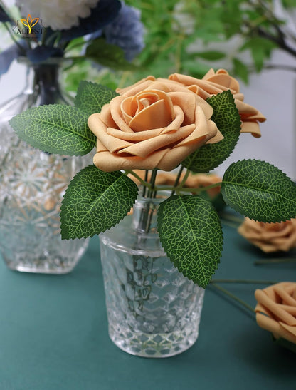25pcs Artificial Flower，Real Touch Artificial Foam Roses Decoration DIY for Wedding Bridesmaid Bridal Bouquet Centerpieces Party-Gold Yellow