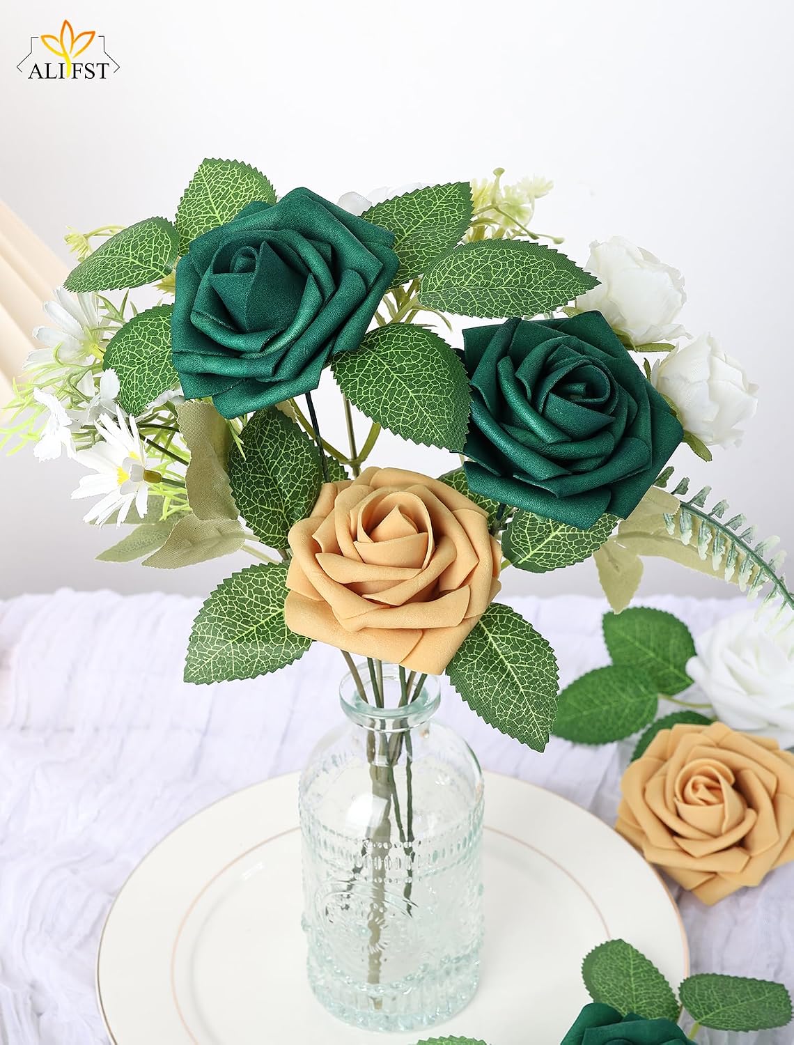 25pcs Artificial Flower，Real Touch Artificial Foam Roses Decoration DIY for Wedding Bridesmaid Bridal Bouquet Centerpieces Party-Gold Yellow