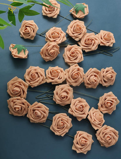 25pcs Artificial Flower，Real Touch Artificial Foam Roses Decoration DIY for Wedding Bridesmaid Bridal Bouquet Centerpieces Party-Gold Yellow
