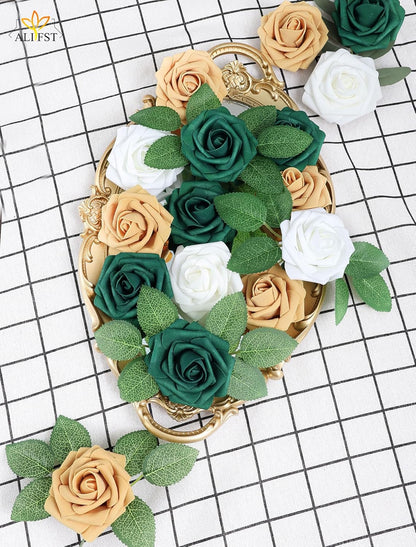 25pcs Artificial Flower，Real Touch Artificial Foam Roses Decoration DIY for Wedding Bridesmaid Bridal Bouquet Centerpieces Party-Gold Yellow