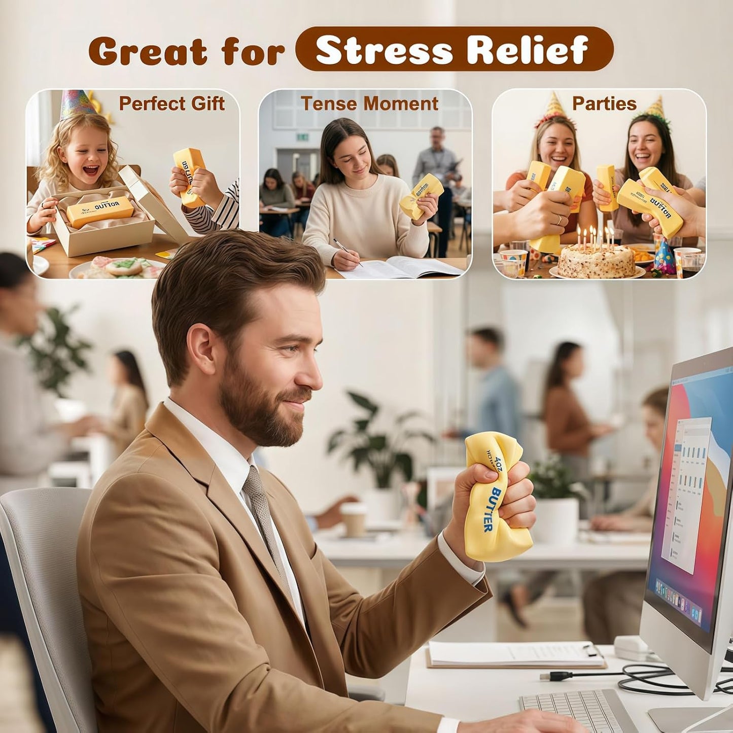 Butter Squishy Toys, Slow Rising Squishy Butter Stick Like Squishy Dumplings, Squeeze Toys for Anxiety Relief Party Favors (3 Pcs, Yellow)