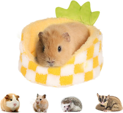 Hamster Hideout Guinea Pig Bed with Detachable Cushion Warm Thick Soft Pad 2 in 1 Guinea Pig Hideout Rat Hideout Small Pet Beds for Chinchilla, Rat, Mouse House, Sugar Glider (Yellow pineapple)