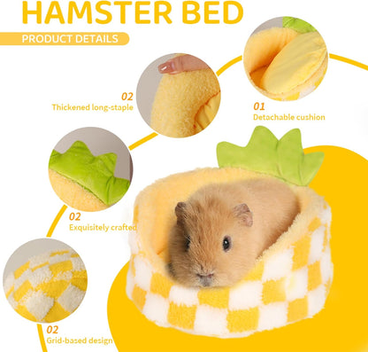 Hamster Hideout Guinea Pig Bed with Detachable Cushion Warm Thick Soft Pad 2 in 1 Guinea Pig Hideout Rat Hideout Small Pet Beds for Chinchilla, Rat, Mouse House, Sugar Glider (Yellow pineapple)