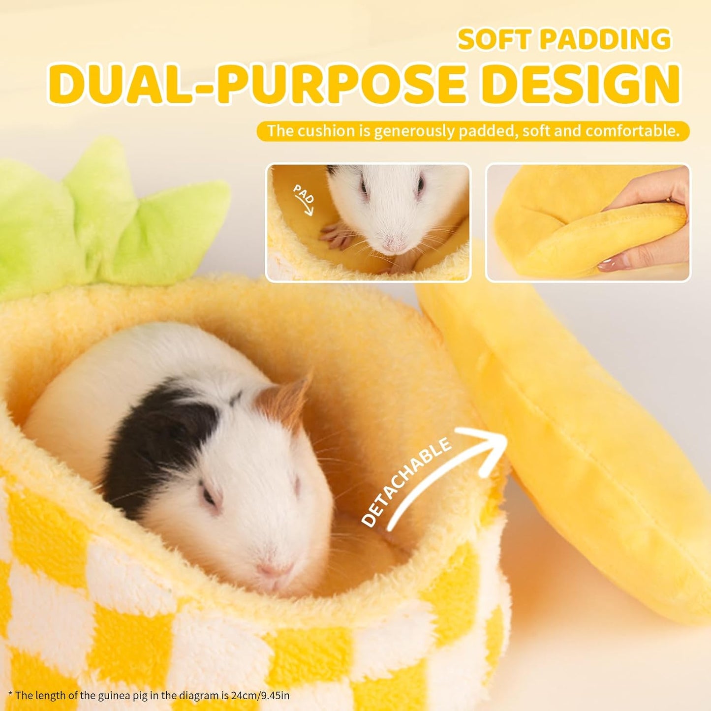 Hamster Hideout Guinea Pig Bed with Detachable Cushion Warm Thick Soft Pad 2 in 1 Guinea Pig Hideout Rat Hideout Small Pet Beds for Chinchilla, Rat, Mouse House, Sugar Glider (Yellow pineapple)
