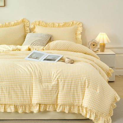 Ruffled Comforter Set King 5 Pieces Yellow Gingham Bedding Set Soft Lightweight Checkered Grid Bed in a Bag Pre-Washed Microfiber Bed Set (Yellow Gingham, King)
