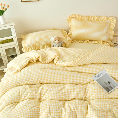 Ruffled Comforter Set King 5 Pieces Yellow Gingham Bedding Set Soft Lightweight Checkered Grid Bed in a Bag Pre-Washed Microfiber Bed Set (Yellow Gingham, King)