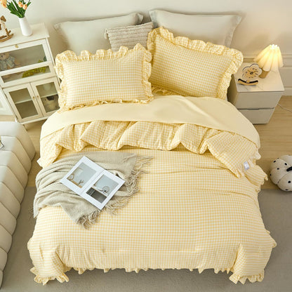 Ruffled Comforter Set King 5 Pieces Yellow Gingham Bedding Set Soft Lightweight Checkered Grid Bed in a Bag Pre-Washed Microfiber Bed Set (Yellow Gingham, King)