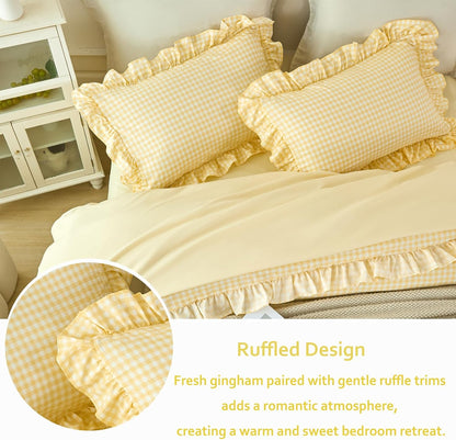 Ruffled Comforter Set King 5 Pieces Yellow Gingham Bedding Set Soft Lightweight Checkered Grid Bed in a Bag Pre-Washed Microfiber Bed Set (Yellow Gingham, King)