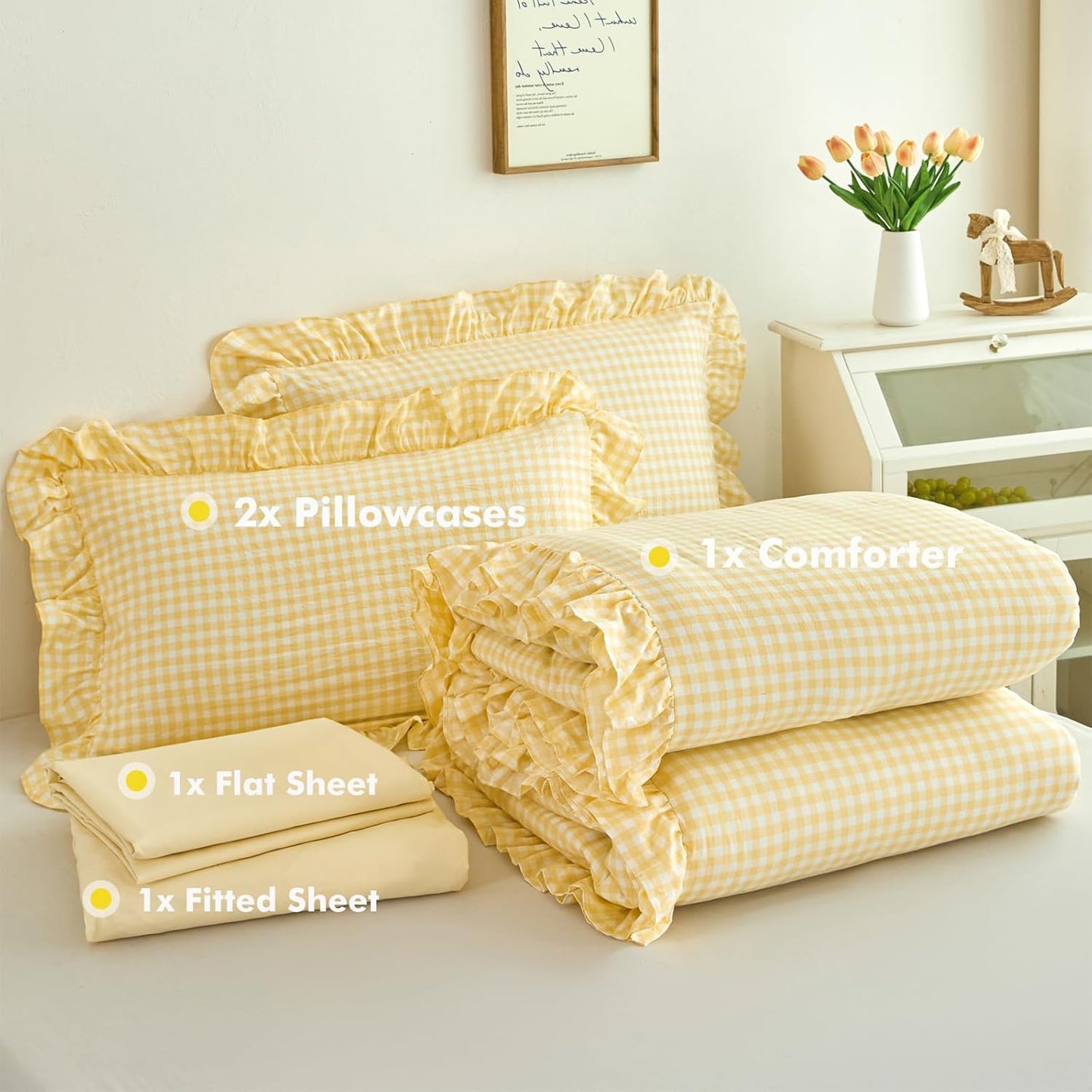 Ruffled Comforter Set King 5 Pieces Yellow Gingham Bedding Set Soft Lightweight Checkered Grid Bed in a Bag Pre-Washed Microfiber Bed Set (Yellow Gingham, King)