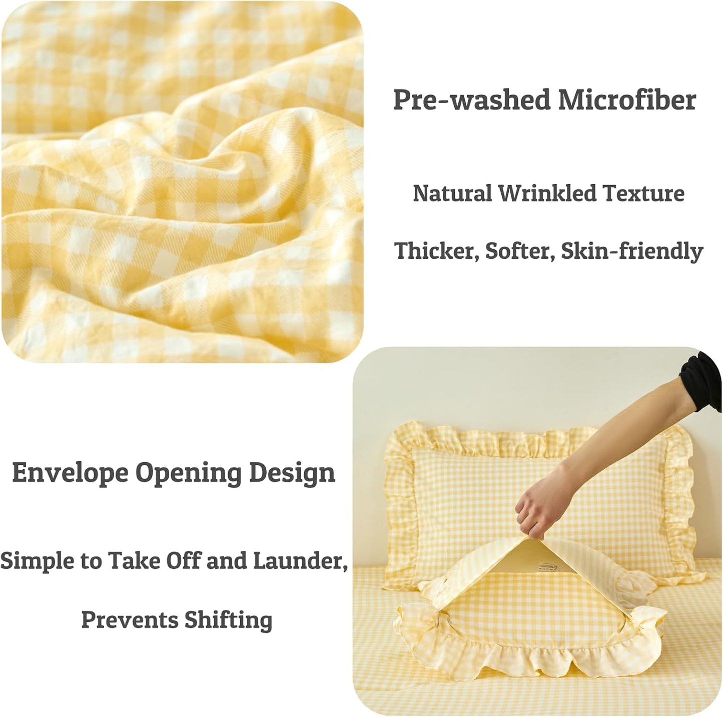 Ruffled Comforter Set King 5 Pieces Yellow Gingham Bedding Set Soft Lightweight Checkered Grid Bed in a Bag Pre-Washed Microfiber Bed Set (Yellow Gingham, King)