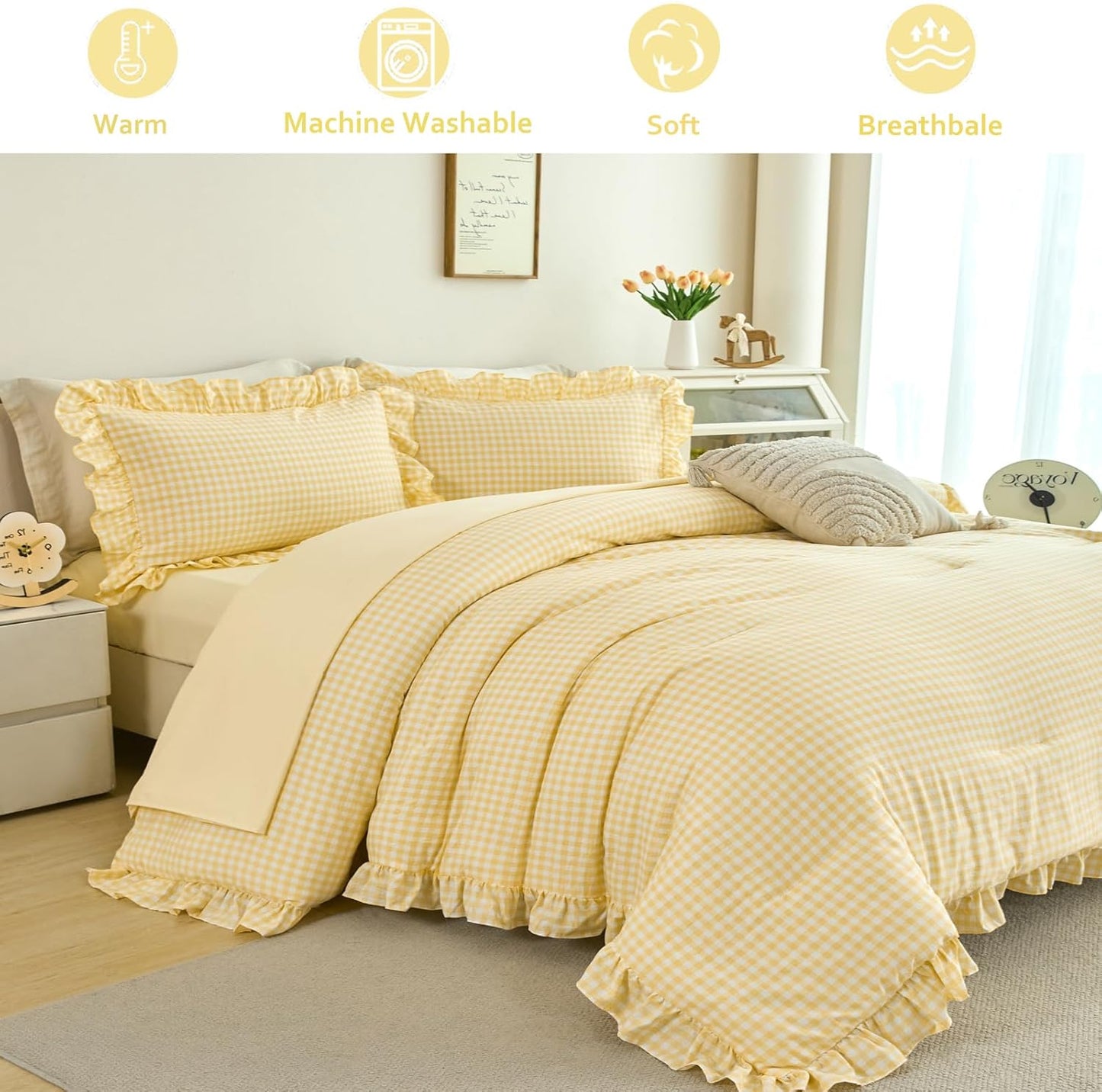 Ruffled Comforter Set King 5 Pieces Yellow Gingham Bedding Set Soft Lightweight Checkered Grid Bed in a Bag Pre-Washed Microfiber Bed Set (Yellow Gingham, King)
