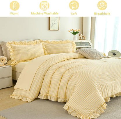 Ruffled Comforter Set King 5 Pieces Yellow Gingham Bedding Set Soft Lightweight Checkered Grid Bed in a Bag Pre-Washed Microfiber Bed Set (Yellow Gingham, King)