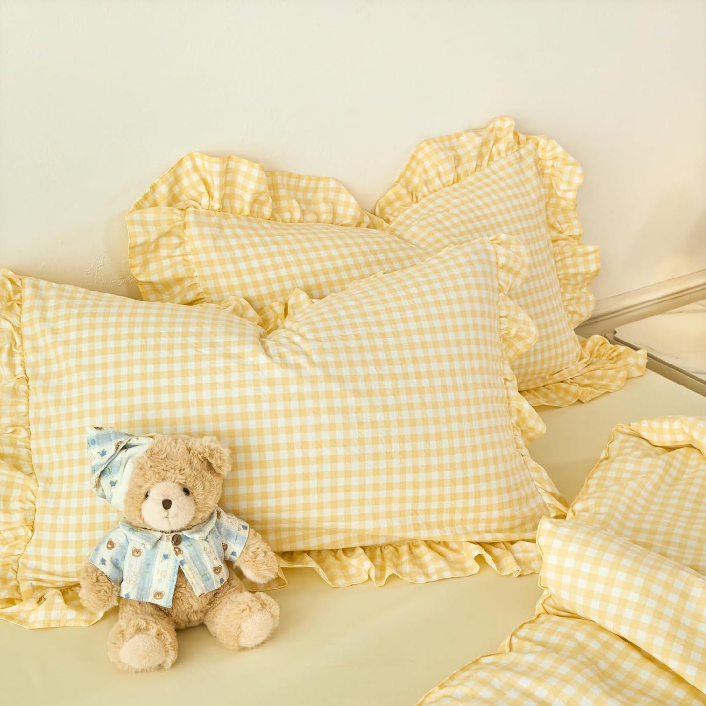 Ruffled Comforter Set King 5 Pieces Yellow Gingham Bedding Set Soft Lightweight Checkered Grid Bed in a Bag Pre-Washed Microfiber Bed Set (Yellow Gingham, King)