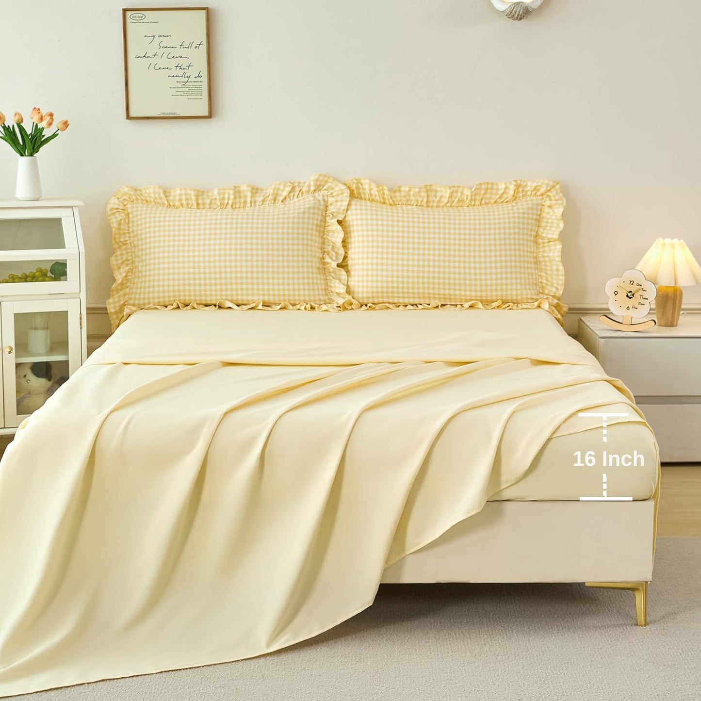 Ruffled Comforter Set King 5 Pieces Yellow Gingham Bedding Set Soft Lightweight Checkered Grid Bed in a Bag Pre-Washed Microfiber Bed Set (Yellow Gingham, King)