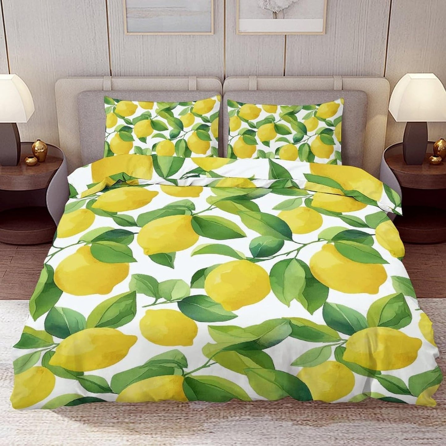 Comforter Cover Set Twin Size, Green Leaves Yellow Lemons 3-Piece Bedding Set for Boys Girls Teens Modern Soft Microfiber Bedroom Set Room Decor, 1 Duvet Cover + 2 Pillowcases