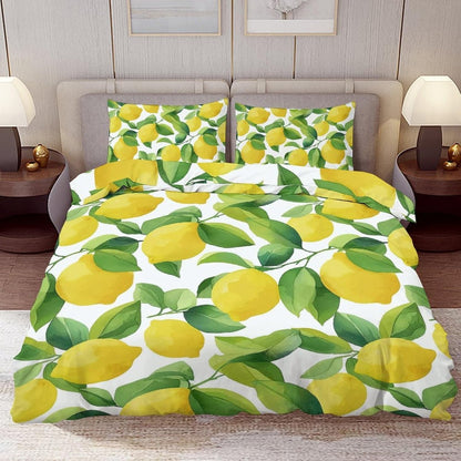Comforter Cover Set Twin Size, Green Leaves Yellow Lemons 3-Piece Bedding Set for Boys Girls Teens Modern Soft Microfiber Bedroom Set Room Decor, 1 Duvet Cover + 2 Pillowcases
