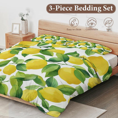 Comforter Cover Set Twin Size, Green Leaves Yellow Lemons 3-Piece Bedding Set for Boys Girls Teens Modern Soft Microfiber Bedroom Set Room Decor, 1 Duvet Cover + 2 Pillowcases