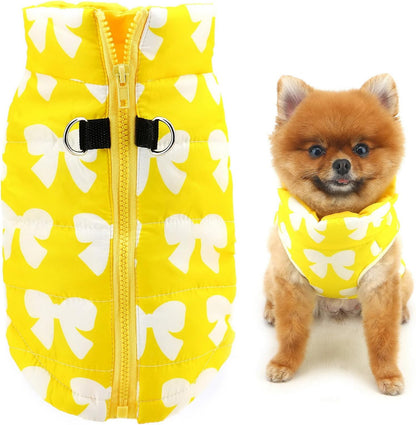 SMALLLEE_LUCKY_STORE Dog Coat with D-Ring for Small Dogs, Yellow, XS | Bow Print, Water-resistant Shell, Padded Warmth, Zip-up Fit, Winter Walks, Chihuahua, Yorkie, Small Dog Harness Jacket