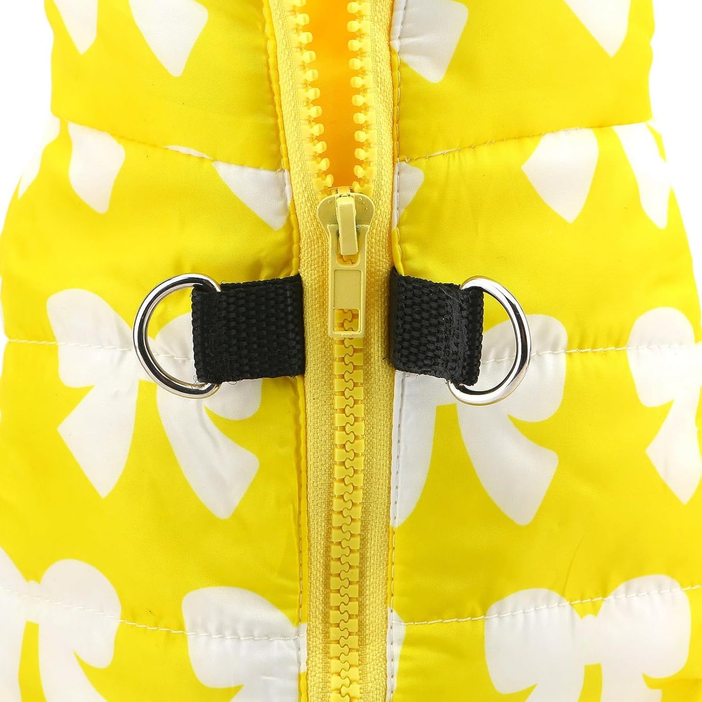 SMALLLEE_LUCKY_STORE Dog Coat with D-Ring for Small Dogs, Yellow, XS | Bow Print, Water-resistant Shell, Padded Warmth, Zip-up Fit, Winter Walks, Chihuahua, Yorkie, Small Dog Harness Jacket