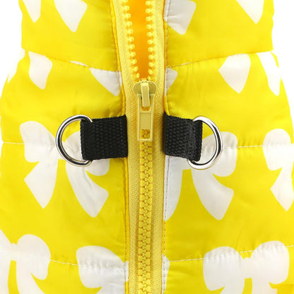 SMALLLEE_LUCKY_STORE Dog Coat with D-Ring for Small Dogs, Yellow, XS | Bow Print, Water-resistant Shell, Padded Warmth, Zip-up Fit, Winter Walks, Chihuahua, Yorkie, Small Dog Harness Jacket