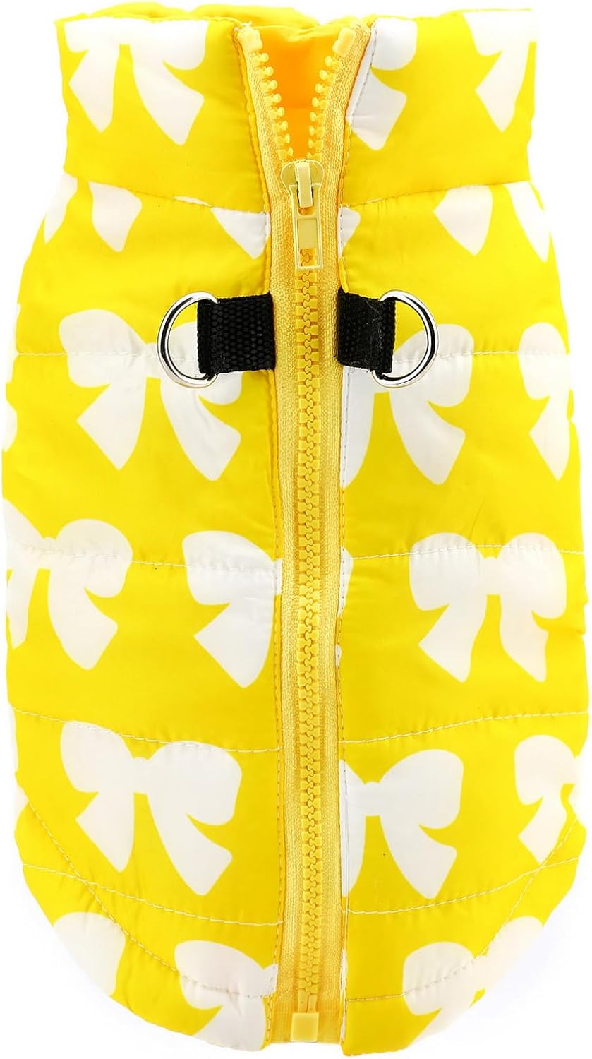 SMALLLEE_LUCKY_STORE Dog Coat with D-Ring for Small Dogs, Yellow, XS | Bow Print, Water-resistant Shell, Padded Warmth, Zip-up Fit, Winter Walks, Chihuahua, Yorkie, Small Dog Harness Jacket