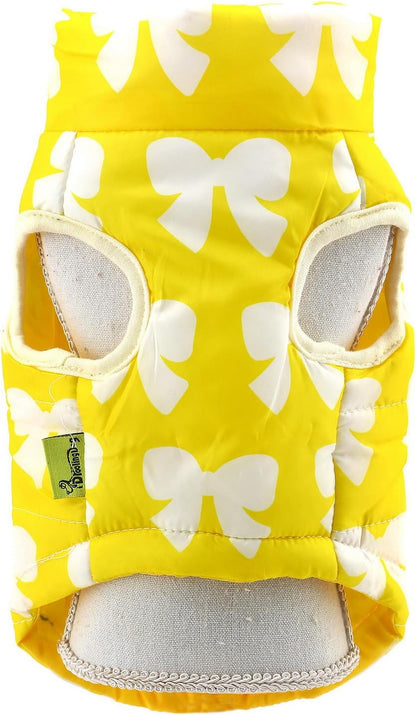 SMALLLEE_LUCKY_STORE Dog Coat with D-Ring for Small Dogs, Yellow, XS | Bow Print, Water-resistant Shell, Padded Warmth, Zip-up Fit, Winter Walks, Chihuahua, Yorkie, Small Dog Harness Jacket
