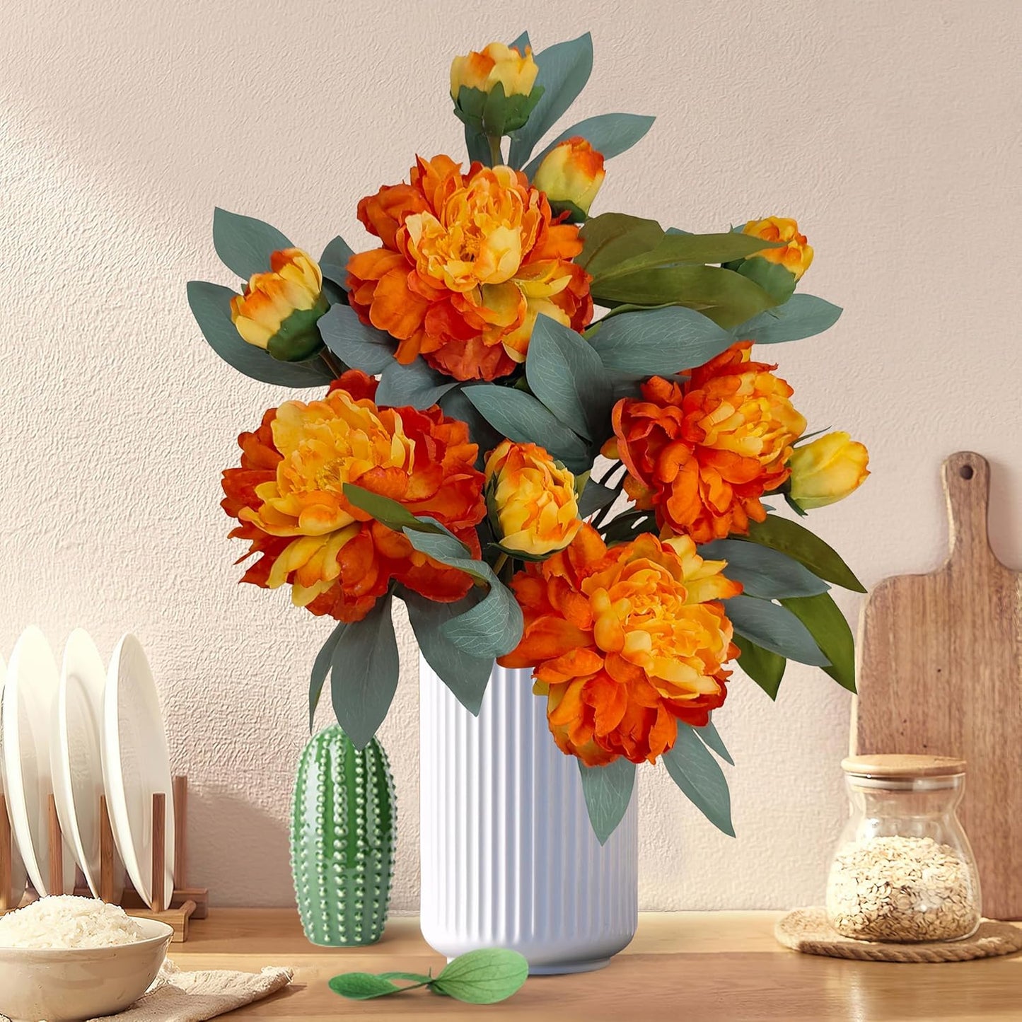 Yellow Peonies Artificial Flowers,4 Pcs Fake Silk Peonies with Stems Real Look,Peony Bush for Home Decor (4, Yellow)