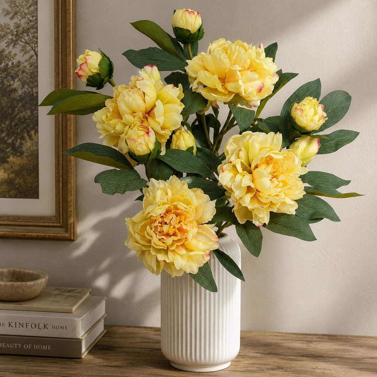 Yellow Peonies Artificial Flowers,4 Pcs Fake Silk Peonies with Stems Real Look,Peony Bush for Home Decor (4, Yellow)