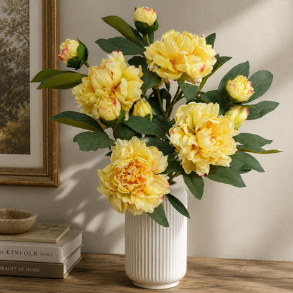 Yellow Peonies Artificial Flowers,4 Pcs Fake Silk Peonies with Stems Real Look,Peony Bush for Home Decor (4, Yellow)