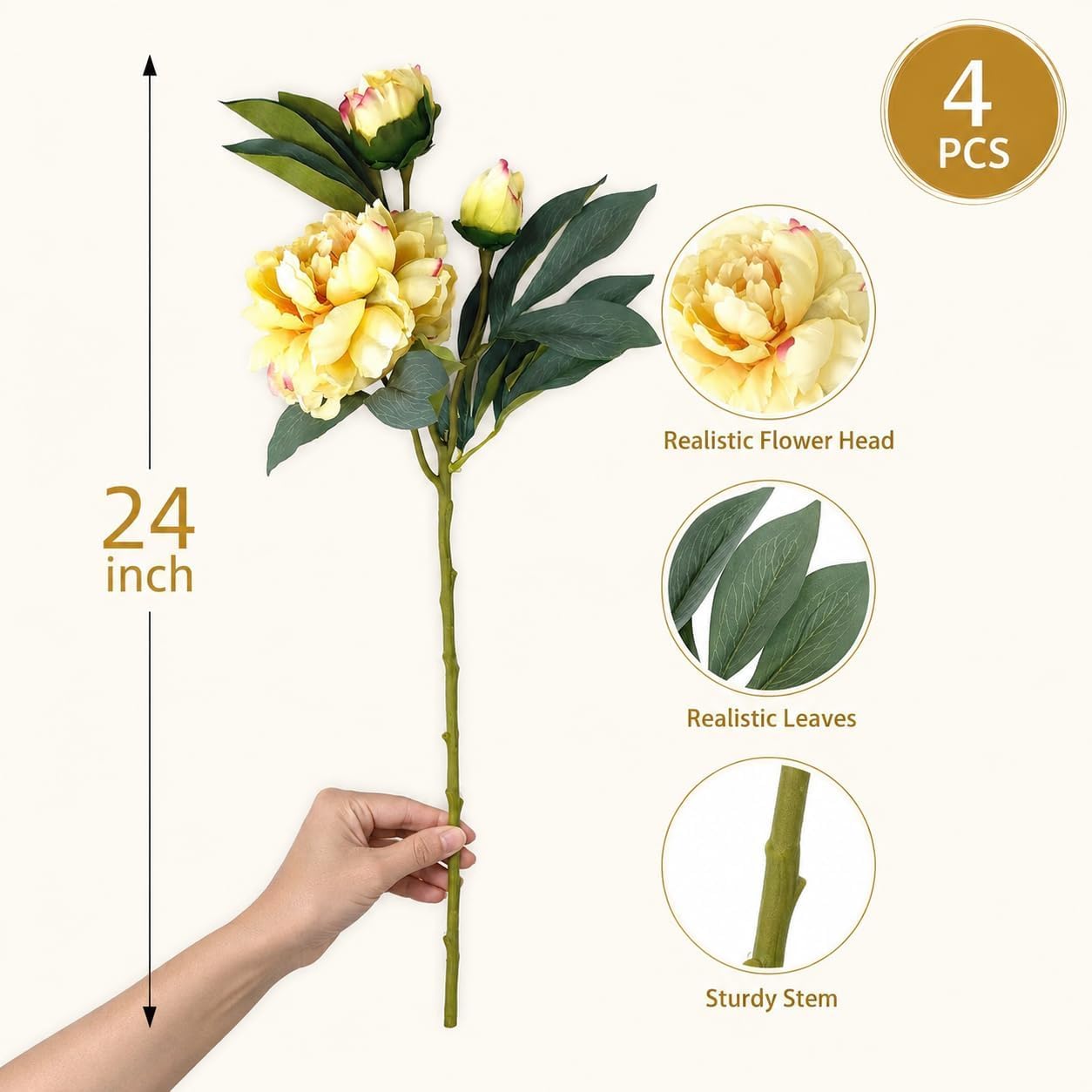 Yellow Peonies Artificial Flowers,4 Pcs Fake Silk Peonies with Stems Real Look,Peony Bush for Home Decor (4, Yellow)