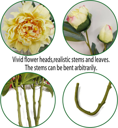 Yellow Peonies Artificial Flowers,4 Pcs Fake Silk Peonies with Stems Real Look,Peony Bush for Home Decor (4, Yellow)