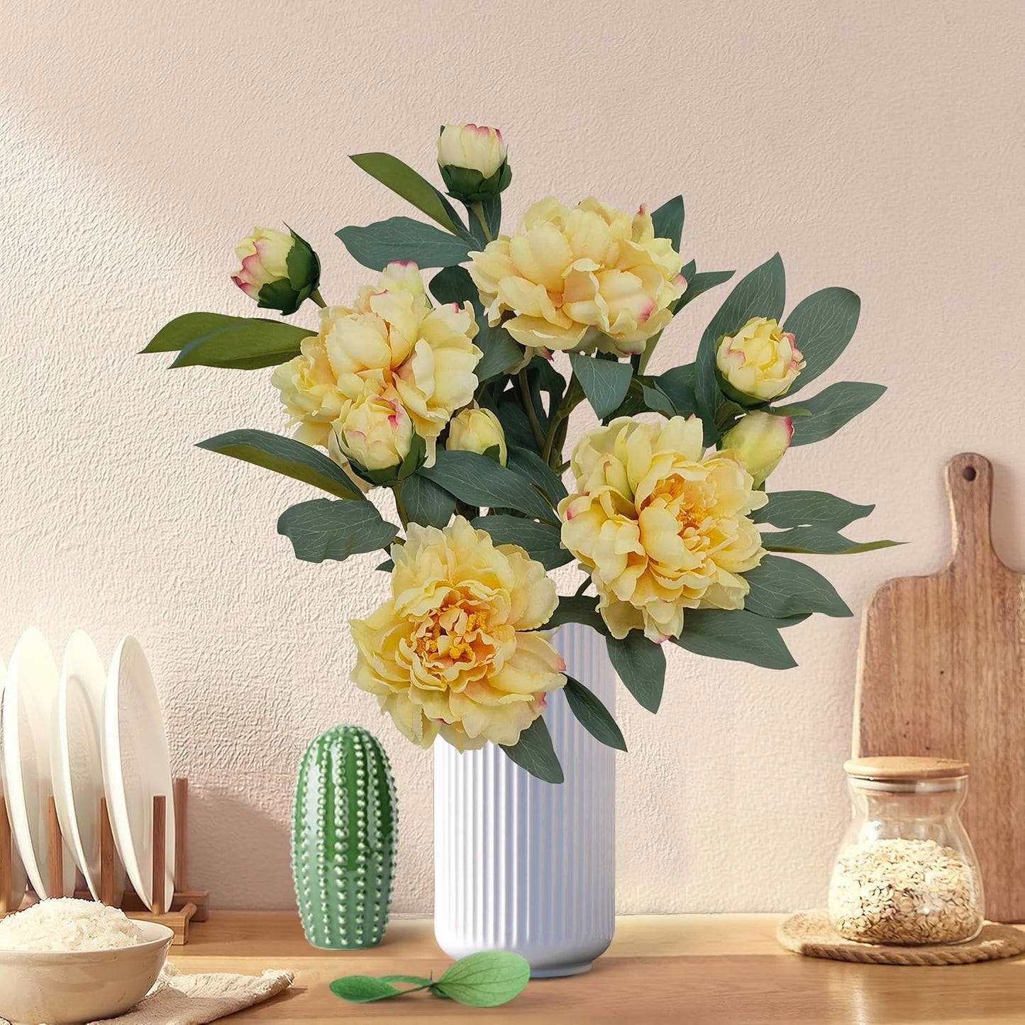 Yellow Peonies Artificial Flowers,4 Pcs Fake Silk Peonies with Stems Real Look,Peony Bush for Home Decor (4, Yellow)