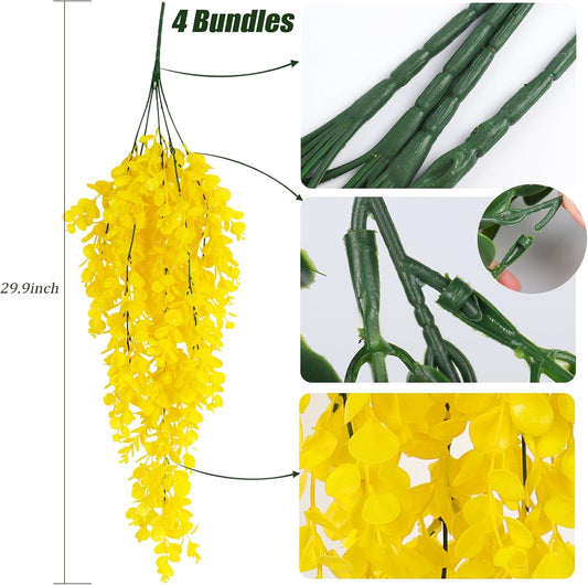 4Pcs 29.9 Inches Fake Hanging Eucalyptus Plants for Indoor Outdoor | UV Resistant Plastic Yellow Artificial Greenery for Home, Garden, Farmhouse, Front Porch, Wedding Arch, Patio, Classroom