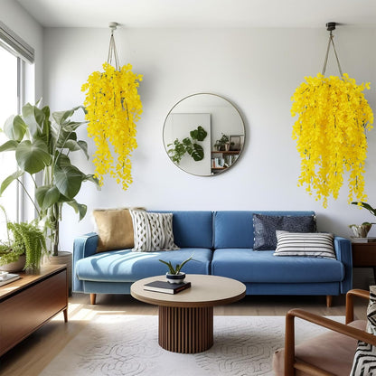 4Pcs 29.9 Inches Fake Hanging Eucalyptus Plants for Indoor Outdoor | UV Resistant Plastic Yellow Artificial Greenery for Home, Garden, Farmhouse, Front Porch, Wedding Arch, Patio, Classroom