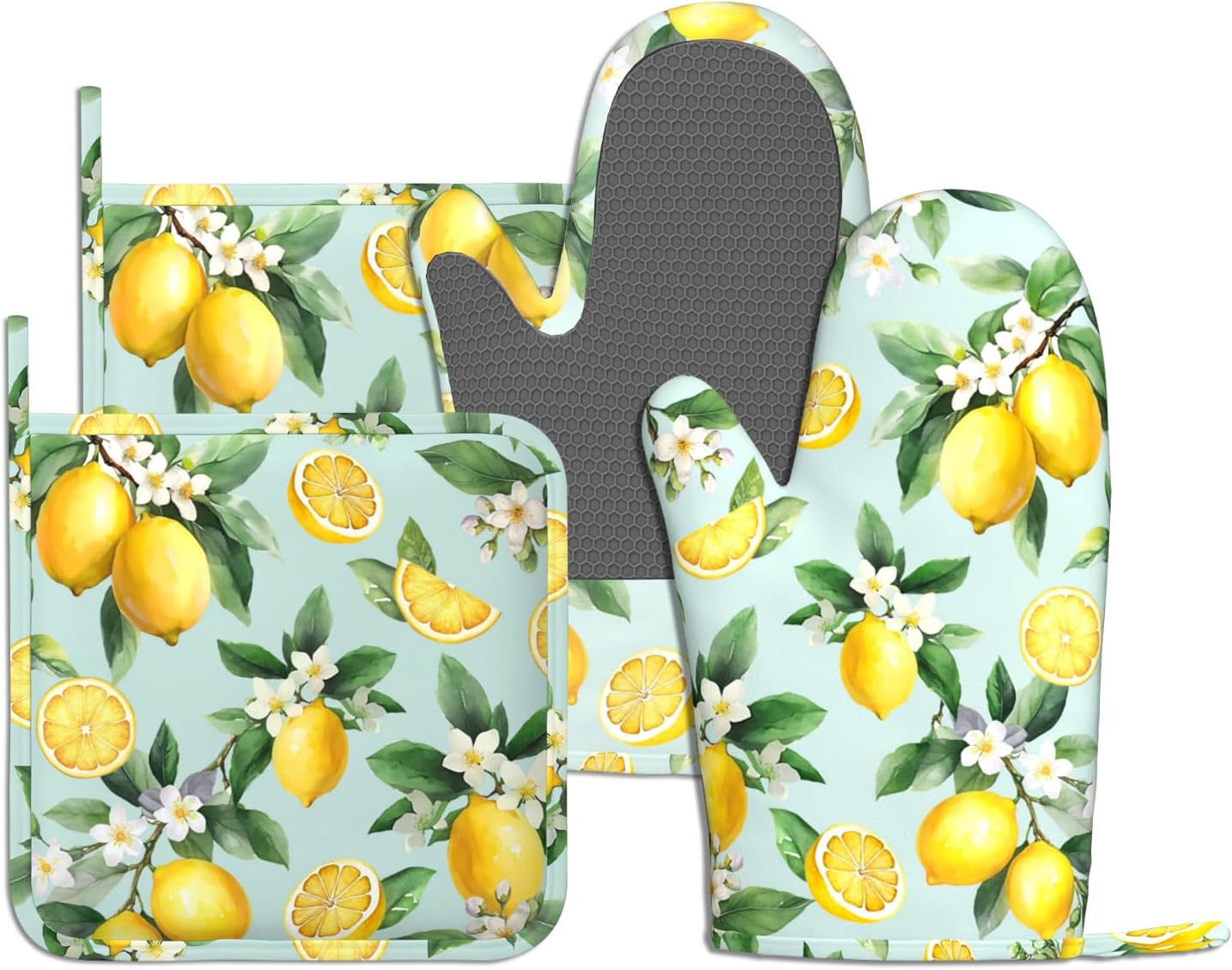Vintage Lemon Oven Mitts Pot Holders 4 Set Silicone Kitchen Oven Mitts Heat Resistant Potholders Non-Slip Hot Pads and Oven Gloves Sets