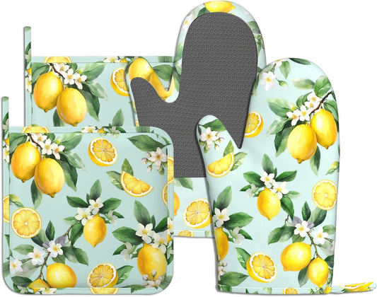 Vintage Lemon Oven Mitts Pot Holders 4 Set Silicone Kitchen Oven Mitts Heat Resistant Potholders Non-Slip Hot Pads and Oven Gloves Sets