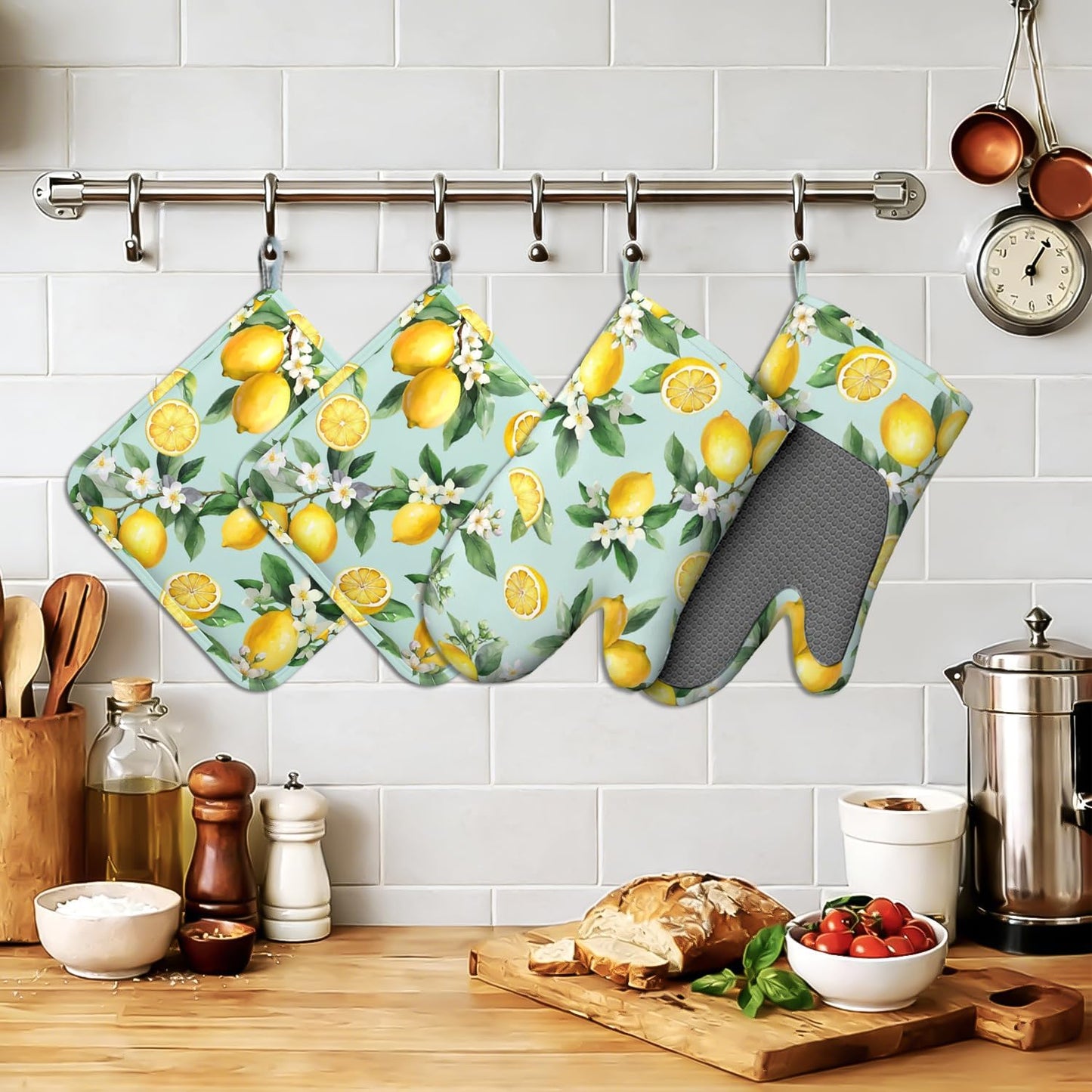 Vintage Lemon Oven Mitts Pot Holders 4 Set Silicone Kitchen Oven Mitts Heat Resistant Potholders Non-Slip Hot Pads and Oven Gloves Sets