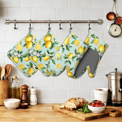 Vintage Lemon Oven Mitts Pot Holders 4 Set Silicone Kitchen Oven Mitts Heat Resistant Potholders Non-Slip Hot Pads and Oven Gloves Sets