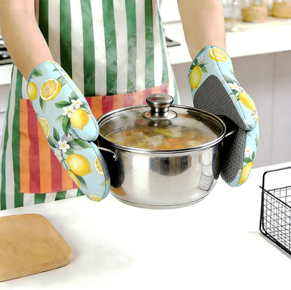 Vintage Lemon Oven Mitts Pot Holders 4 Set Silicone Kitchen Oven Mitts Heat Resistant Potholders Non-Slip Hot Pads and Oven Gloves Sets