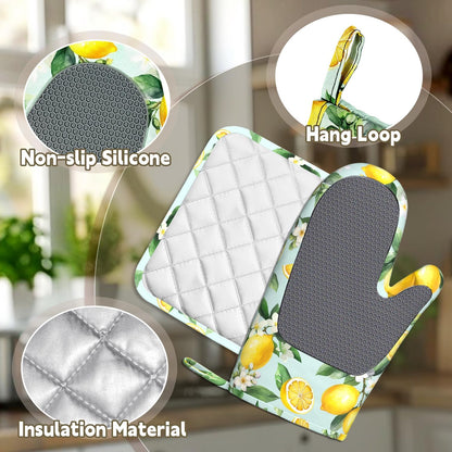 Vintage Lemon Oven Mitts Pot Holders 4 Set Silicone Kitchen Oven Mitts Heat Resistant Potholders Non-Slip Hot Pads and Oven Gloves Sets