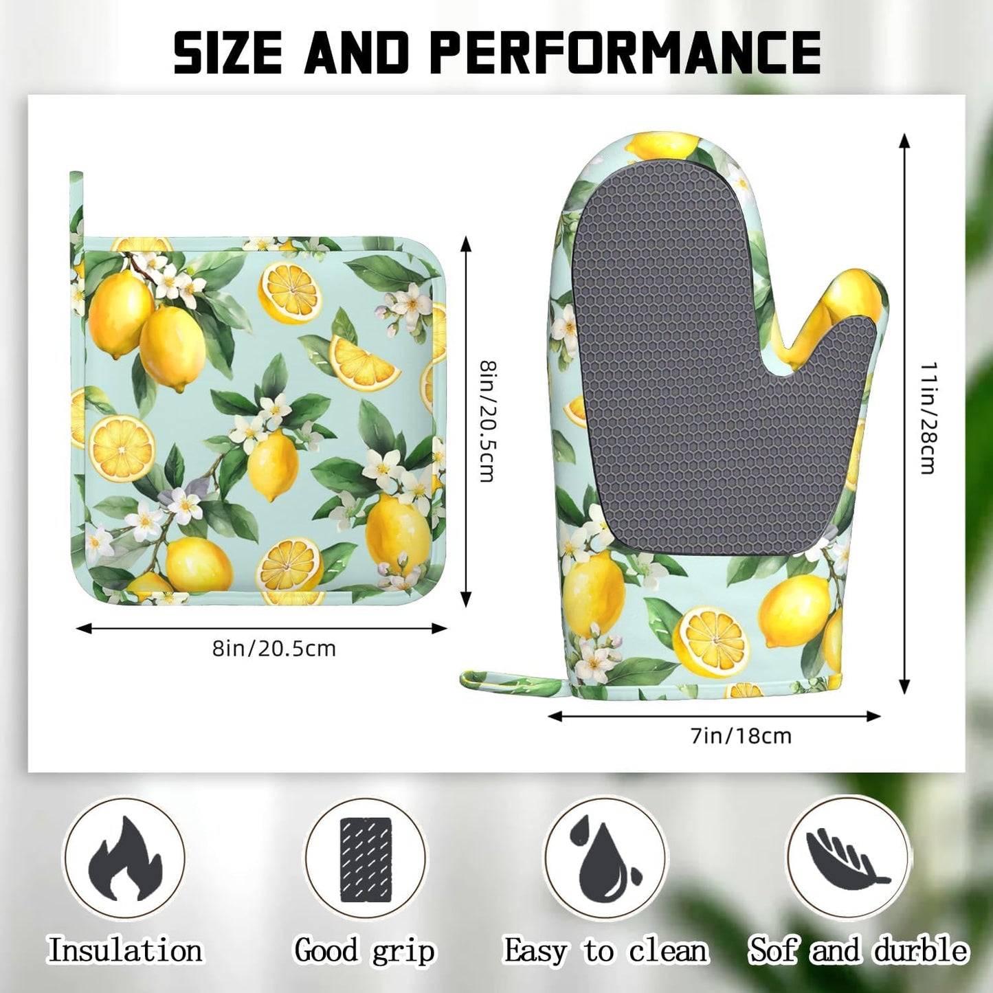 Vintage Lemon Oven Mitts Pot Holders 4 Set Silicone Kitchen Oven Mitts Heat Resistant Potholders Non-Slip Hot Pads and Oven Gloves Sets