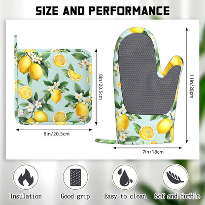 Vintage Lemon Oven Mitts Pot Holders 4 Set Silicone Kitchen Oven Mitts Heat Resistant Potholders Non-Slip Hot Pads and Oven Gloves Sets